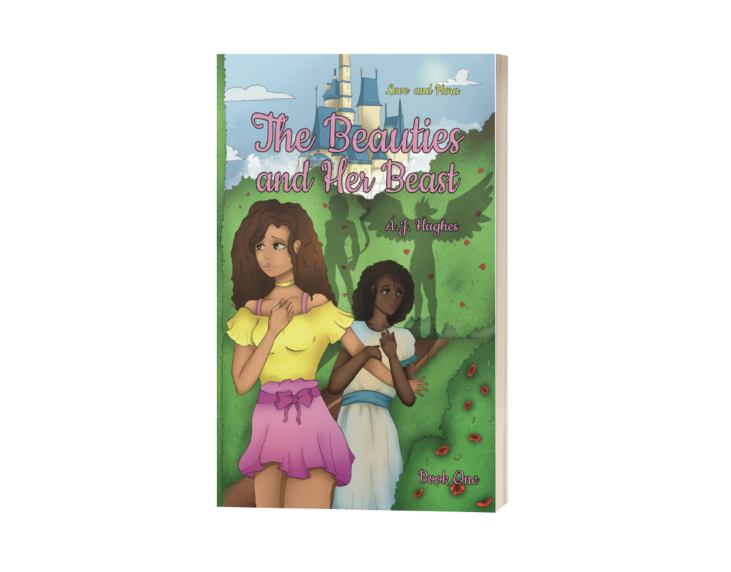 Desiree standing in front of Belle, who is scared, to protect her. They are in a beautiful rose garden with tall rose bush walls, the castle is in the background
